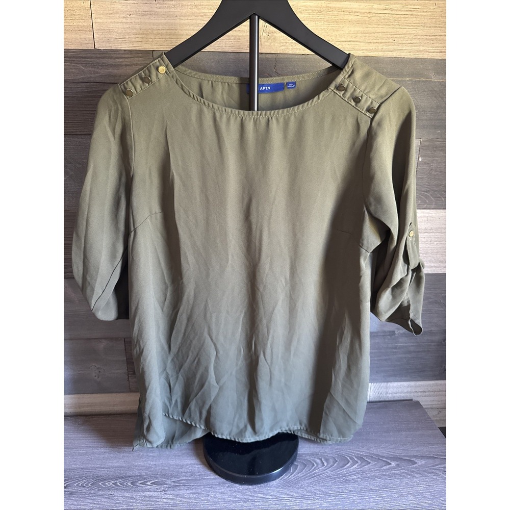 Apt. 9 Womens Blouse Size XS Long Sleeve Roll Tab - Olive Green